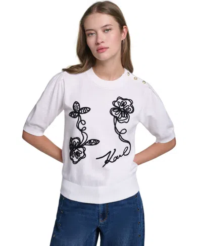Karl Lagerfeld Women's Embroidered Crewneck Sweater In Soft White,black