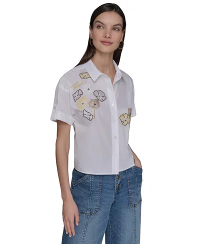 Karl Lagerfeld Women's Embroidered Floral Camp Shirt