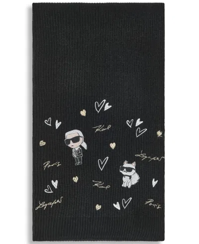 Karl Lagerfeld Women's Embroidered Karl Hearts Scarf In Black