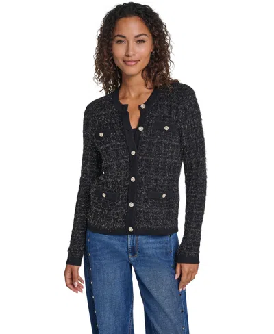 Karl Lagerfeld Women's Eyelash-knit Metallic Crewneck Long-sleeve Cardigan Sweater In Black