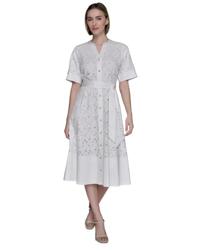 Karl Lagerfeld Women's Eyelet Cotton A-line Shirtdress