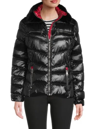 Karl Lagerfeld Women's Faux Fur Collar Puffer Jacket In Black