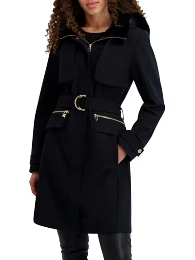 Karl Lagerfeld Women's Faux Fur Trim Regular Fit Coat In Black