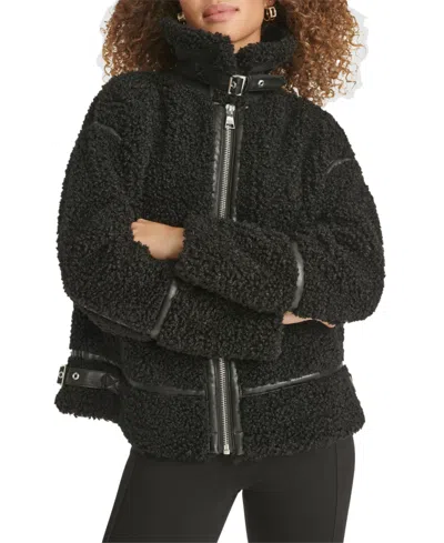 Karl Lagerfeld Women's Faux-leather-trim Teddy Moto Coat In Black