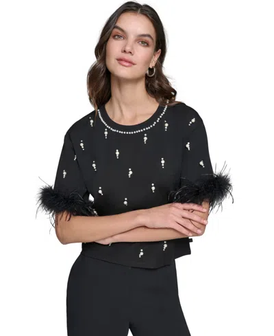 Karl Lagerfeld Women's Faux-pearl Feather-trim Top In Black