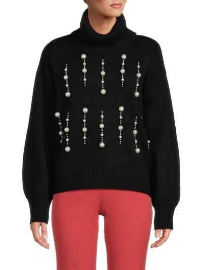 Karl Lagerfeld Women's Faux Pearl Turtleneck Sweater In Black