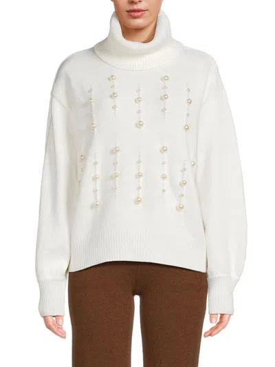 Karl Lagerfeld Women's Faux Pearl Turtleneck Sweater In Soft White