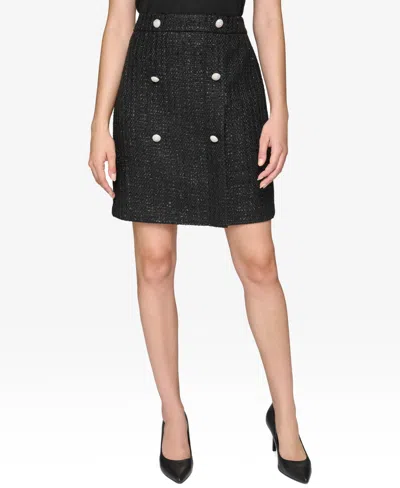 Karl Lagerfeld Women's Faux-wrap Button-trim Tweed Skirt In Black