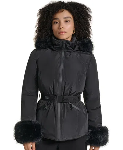 Karl Lagerfeld Women's Faux-fur Trim Cuff And Hood Belted Puffer Jacket In Black