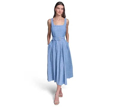 Karl Lagerfeld Women's Fit And Flare Belted Midi Linen Dress In Blue