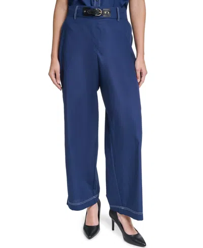 Karl Lagerfeld Women's Fixed Belt Mid-rise Straight Ankle Pants In Blue