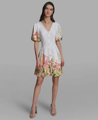 Karl Lagerfeld Women's Floral Border Linen Puff-sleeve Dress In White