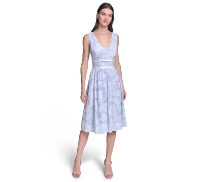 Karl Lagerfeld Floral Burnout Cotton Midi Dress With White Piping In Blue