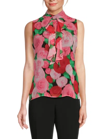 Karl Lagerfeld Women's Floral Chiffon Ruffle-neck Sleeveless Top In Black Multi