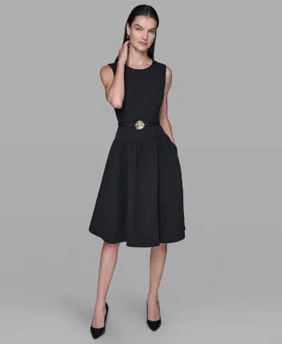 Karl Lagerfeld Women's Floral Crewneck Belted Midi Dress In Black