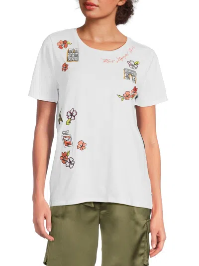 Karl Lagerfeld Women's Floral Embroidery T-shirt In White