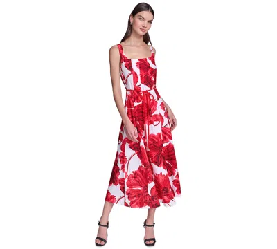 Karl Lagerfeld Women's Floral Fit & Flare Belted Midi Dress In Red