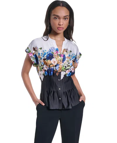 Karl Lagerfeld Pleated Waist Cap Sleeve Blouse In White