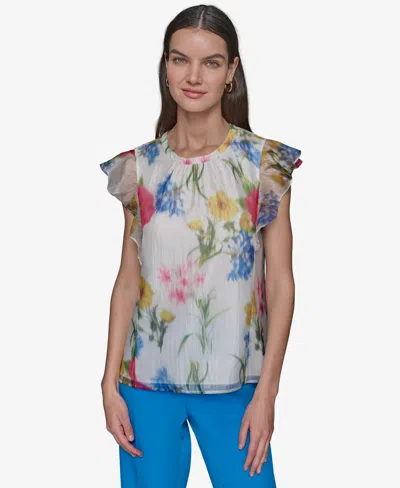 Karl Lagerfeld Women's Floral-print Flutter-sleeve Blouse In Soft White Multi