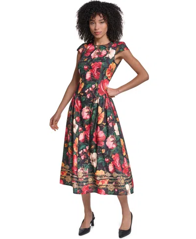 Karl Lagerfeld Women's Floral Print Jacquard Fit & Flare Midi Dress In Black,port Multi