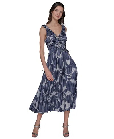 Karl Lagerfeld Women's Floral-print Pleated Midi Dress In Soft White  Indigo