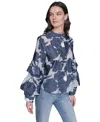 Shop Karl Lagerfeld Women's Floral-printed Ruffle-sleeve Top In Soft White  Indigo