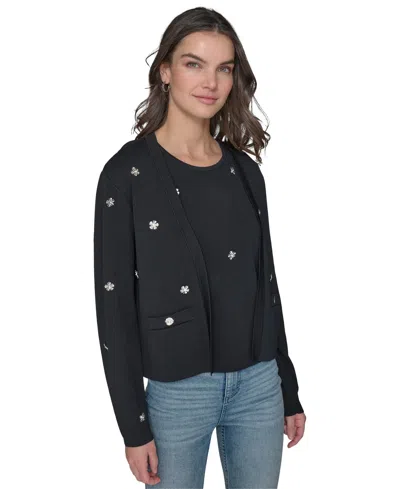 Karl Lagerfeld Women's Floral-rhinestone Cardigan In Black