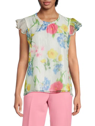 Karl Lagerfeld Women's Floral Ruffle-sleeve Blouse In Soft White Multi