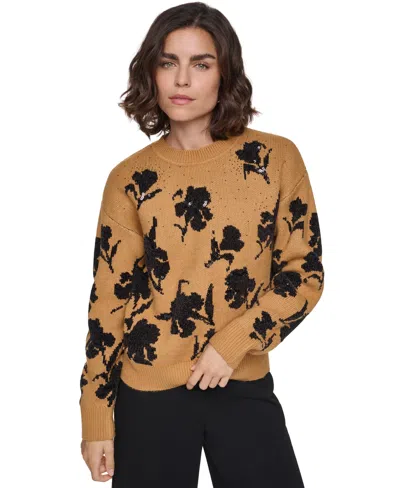 Karl Lagerfeld Women's Floral Sequin Crewneck Pullover Sweater In Neutral