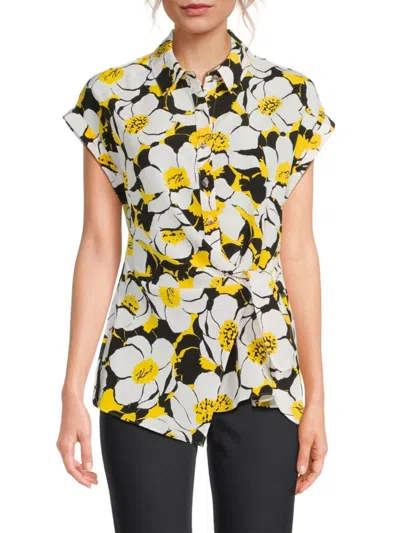 Karl Lagerfeld Women's Floral Side-tie Blouse In Daffodil Combo