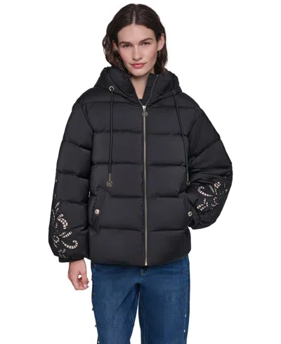 Karl Lagerfeld Women's Floral-embroidered Short Hooded Puffer Jacket In Multi