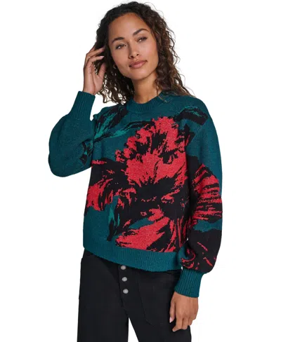 Karl Lagerfeld Women's Floral-print Long-sleeve Crewneck Sweater In Blue