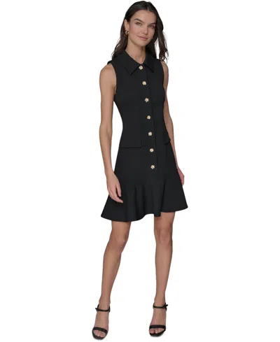 Karl Lagerfeld Women's Flower-button Collared Sleeveless Shift Dress