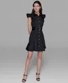 Karl Lagerfeld Women's Flutter-sleeve Belted Flounce-hem Dress In Black