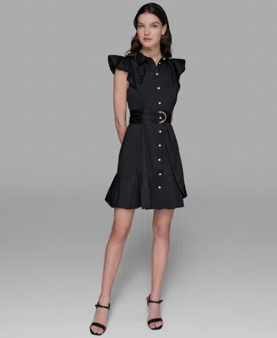 Karl Lagerfeld Women's Flutter-sleeve Belted Flounce-hem Dress