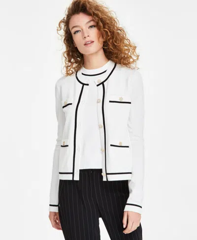 Karl Lagerfeld Women's Four-pocket Crewneck Cardigan In Soft White