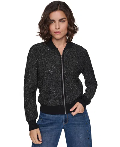 Karl Lagerfeld Women's Full-zip Embellished Loose-fit Cardigan Sweater In Multi