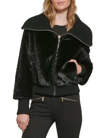 Karl Lagerfeld Women's Funnel Neck Faux Fur Bomber Jacket In Black
