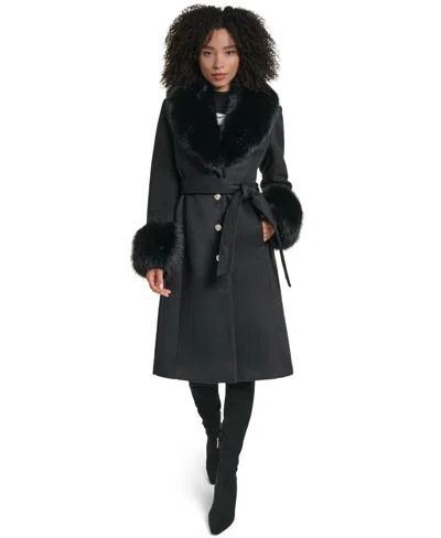 Karl Lagerfeld Women's Fur Trimmed Single Breasted Long Wool Coat In Black