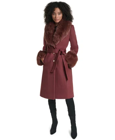 Karl Lagerfeld Women's Fur Trimmed Single Breasted Long Wool Coat In Brown