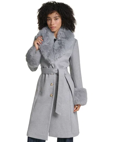Karl Lagerfeld Women's Fur Trimmed Single Breasted Long Wool Coat In Gray