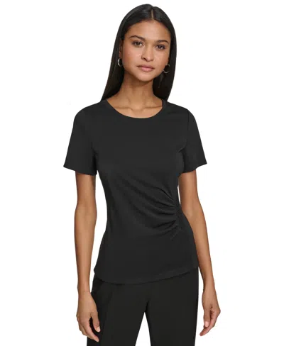 Karl Lagerfeld Women's Ruched Button Crewneck Top In Black