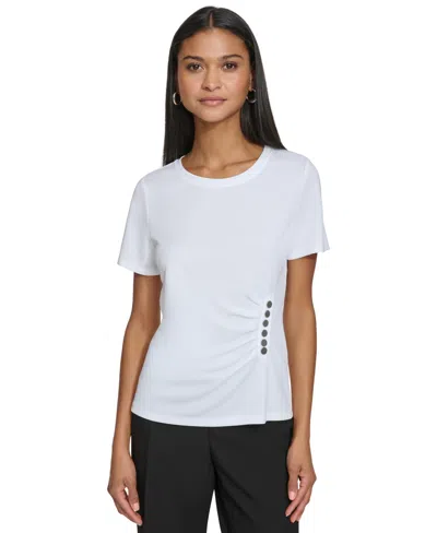 Karl Lagerfeld Women's Ruched Button Crewneck Top In Soft White