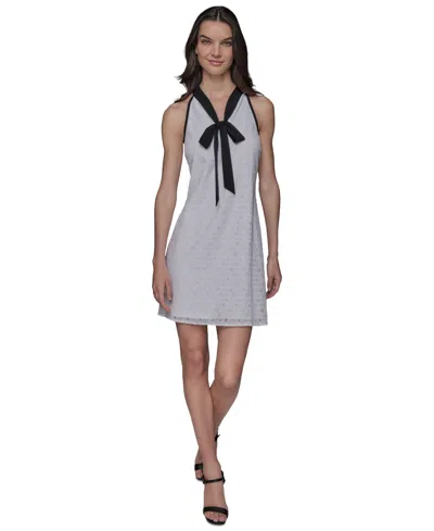 Karl Lagerfeld Women's Geo-lace Tie-neck Shift Dress In Soft White Black