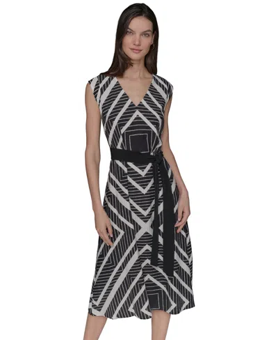 Karl Lagerfeld Women's Geo-print Belted V-neck Midi Dress In Black