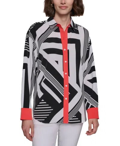 Karl Lagerfeld Women's Geo-print Oversized Button-down Top In Soft White  Black