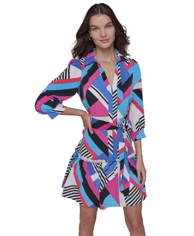 Karl Lagerfeld Women's Geo-print Tie-waist 3/4-sleeve Dress In Soft White Azure Blue Combo