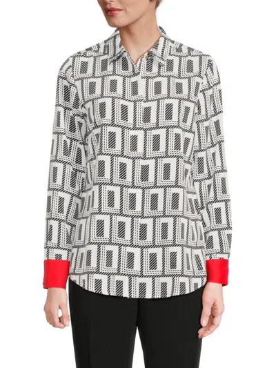 Karl Lagerfeld Women's Geometric Print Contrast-cuff Blouse In Soft White Black