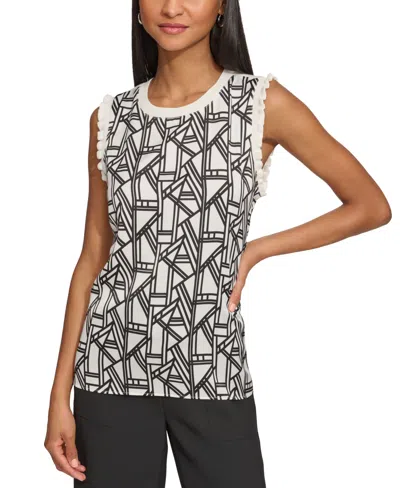 Karl Lagerfeld Women's Geometric-print Mixed-media Ruffle-trim Sweater In Soft White  Black