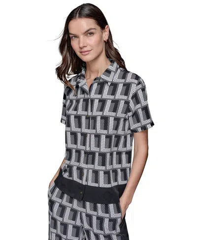 Karl Lagerfeld Women's Geometric-print Short Sleeve Button-front Top In Black  Soft White